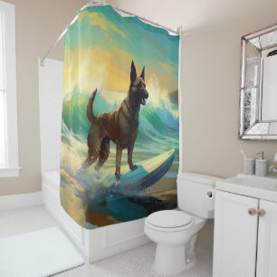 Belgian Malinoi Beach Surfing Painting Shower Curtain