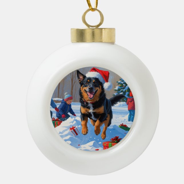 Belgian Malinoi Christmas Festive Snow Scene Ceramic Ball Christmas Ornament (Front)