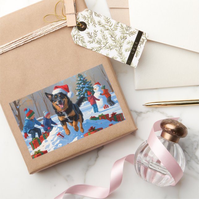 Belgian Malinoi Christmas Festive Snow Scene Rectangular Sticker (Gifting)