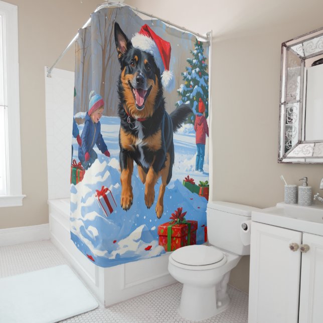 Belgian Malinoi Christmas Festive Snow Scene Shower Curtain (In Situ)