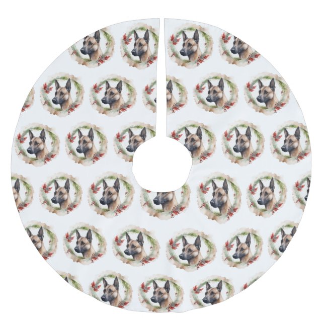 Belgian Malinoi Christmas Wreath Festive Pup  Brushed Polyester Tree Skirt (Front)