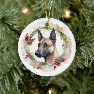 Belgian Malinoi Christmas Wreath Festive Pup  Ceramic Ornament