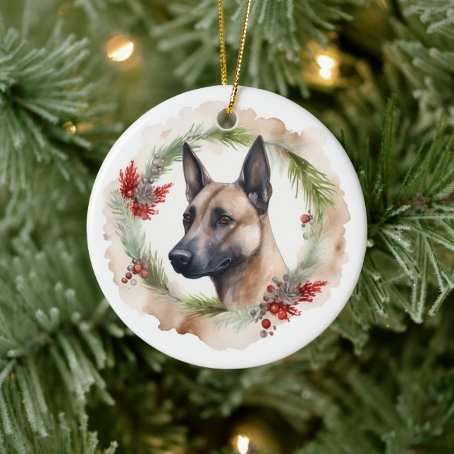 Belgian Malinoi Christmas Wreath Festive Pup  Ceramic Ornament (Tree)