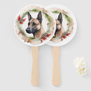 Belgian Malinoi Christmas Wreath Festive Pup  Hand Fan