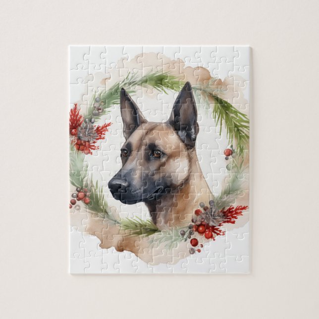 Belgian Malinoi Christmas Wreath Festive Pup  Jigsaw Puzzle (Vertical)