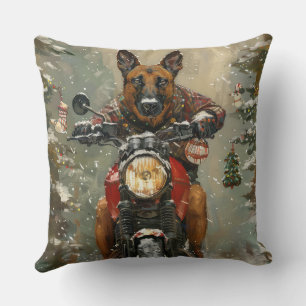 Belgian Malinoi Dog Riding Motorcycle Christmas Cushion