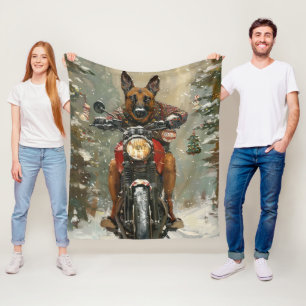 Belgian Malinoi Dog Riding Motorcycle Christmas Fleece Blanket
