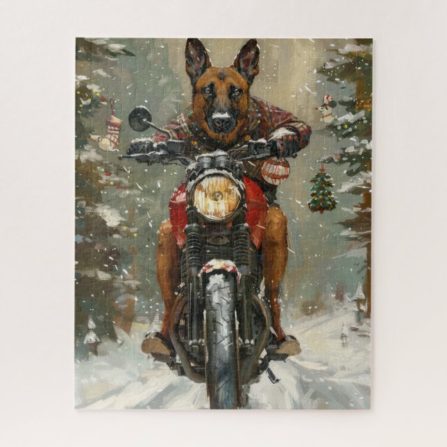 Belgian Malinoi Dog Riding Motorcycle Christmas  Jigsaw Puzzle (Vertical)