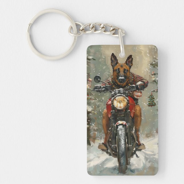 Belgian Malinoi Dog Riding Motorcycle Christmas  Key Ring (Front)