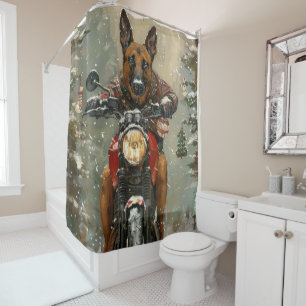 Belgian Malinoi Dog Riding Motorcycle Christmas Shower Curtain