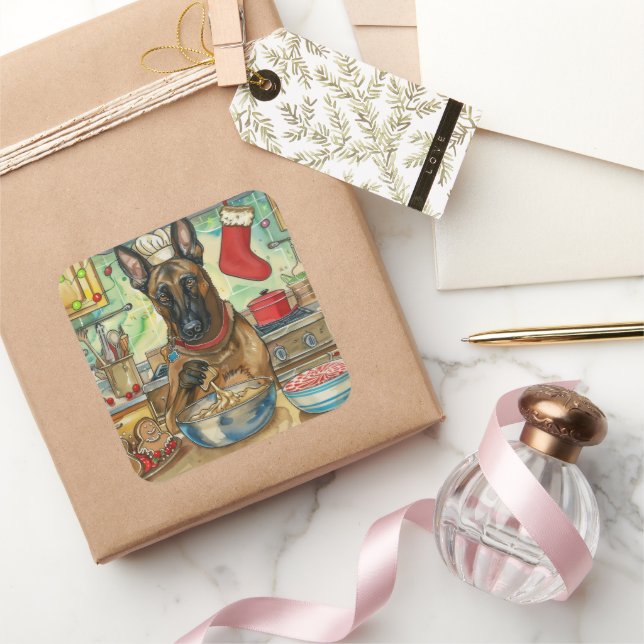 Belgian Malinoi Holiday Baking: Festive Christmas Square Sticker (Gifting)