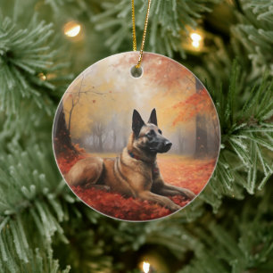 Belgian Malinoi in Autumn Leaves Fall Inspire  Ceramic Ornament