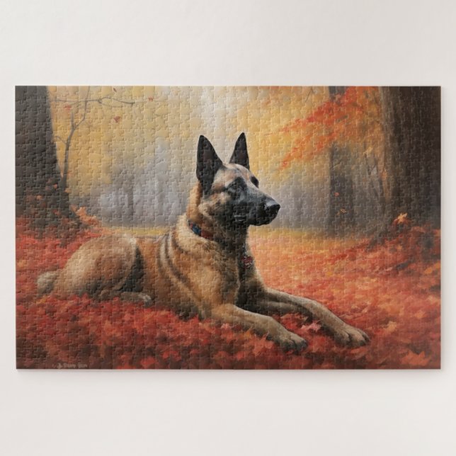 Belgian Malinoi in Autumn Leaves Fall Inspire  Jigsaw Puzzle (Horizontal)