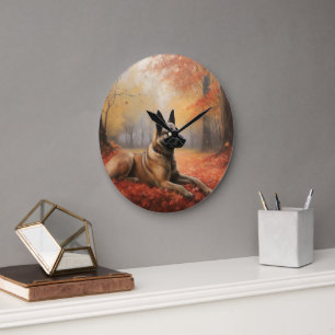 Belgian Malinoi in Autumn Leaves Fall Inspire Large Clock