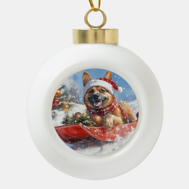 Belgian Malinoi in Sledge Let it Snow Christmas Ceramic Ball Christmas Ornament (Front)