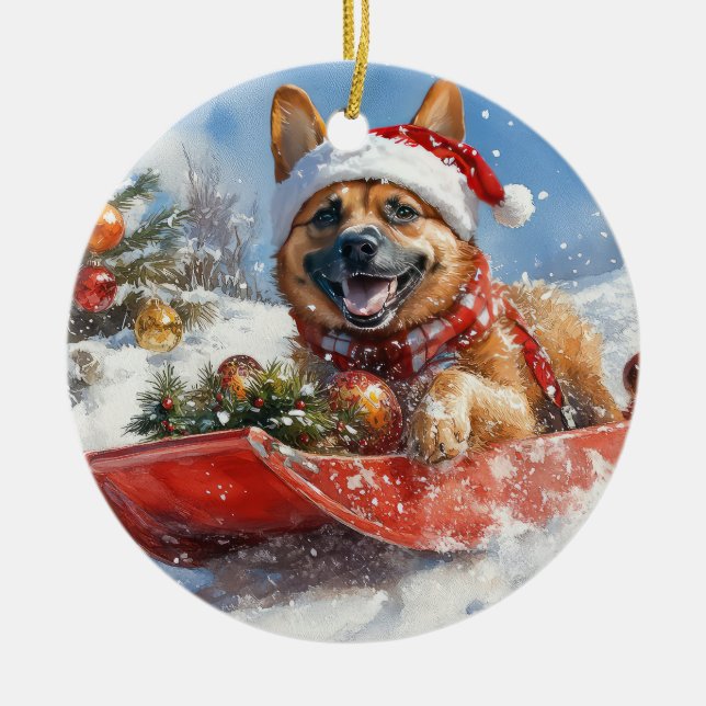 Belgian Malinoi in Sledge Let it Snow Christmas Ceramic Ornament (Front)