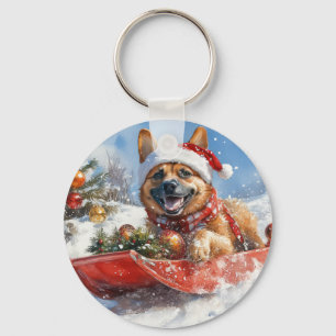 Belgian Malinoi in Sledge Let it Snow Christmas Key Ring