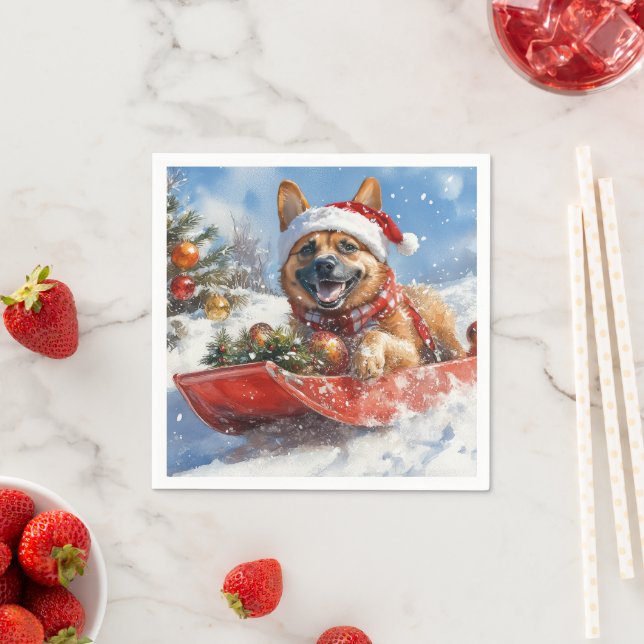 Belgian Malinoi in Sledge Let it Snow Christmas Napkin (Insitu)