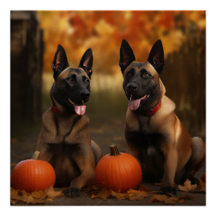 Belgian Malinoi Puppy Autumn Delight Pumpkin Poster