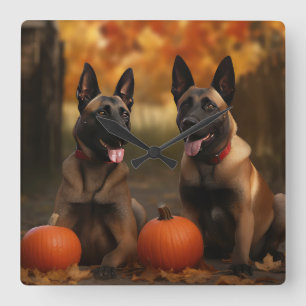 Belgian Malinoi Puppy Autumn Delight Pumpkin  Square Wall Clock