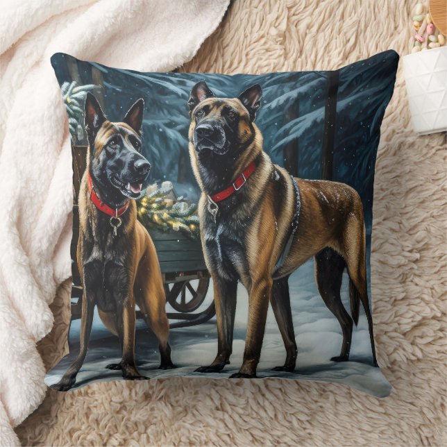 Belgian Malinoi Snowy Sleigh Christmas Decor Cushion (Blanket)