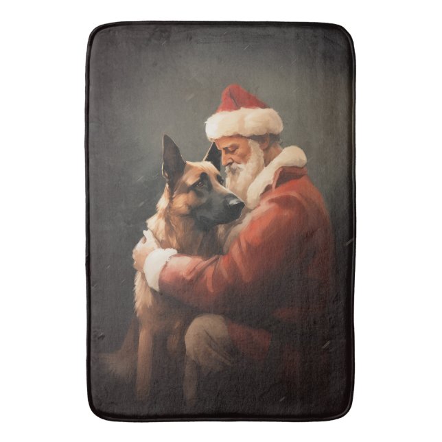 Belgian Malinoi With Santa Claus Festive Christmas Bath Mat (Front Vertical)