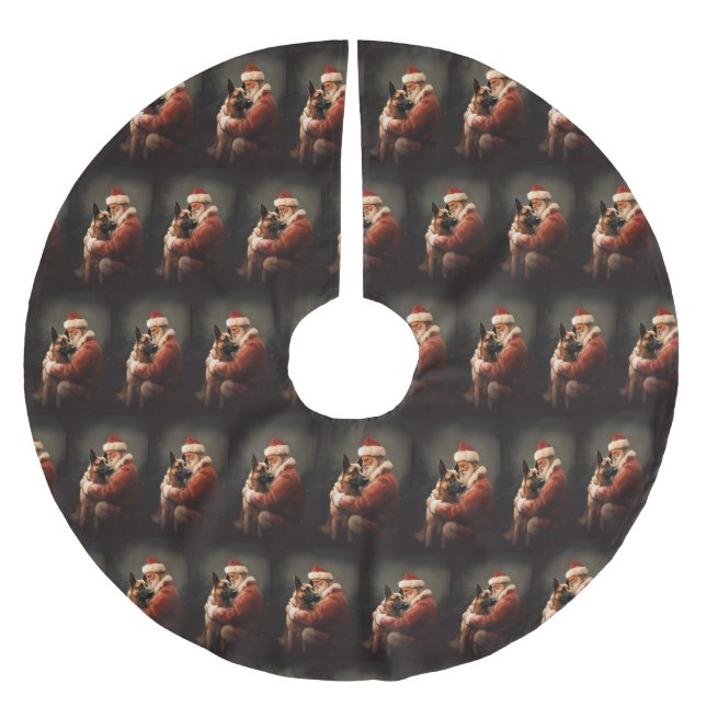 Belgian Malinoi With Santa Claus Festive Christmas Brushed Polyester Tree Skirt (Front)