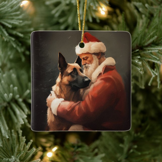 Belgian Malinoi With Santa Claus Festive Christmas Ceramic Ornament (Tree)
