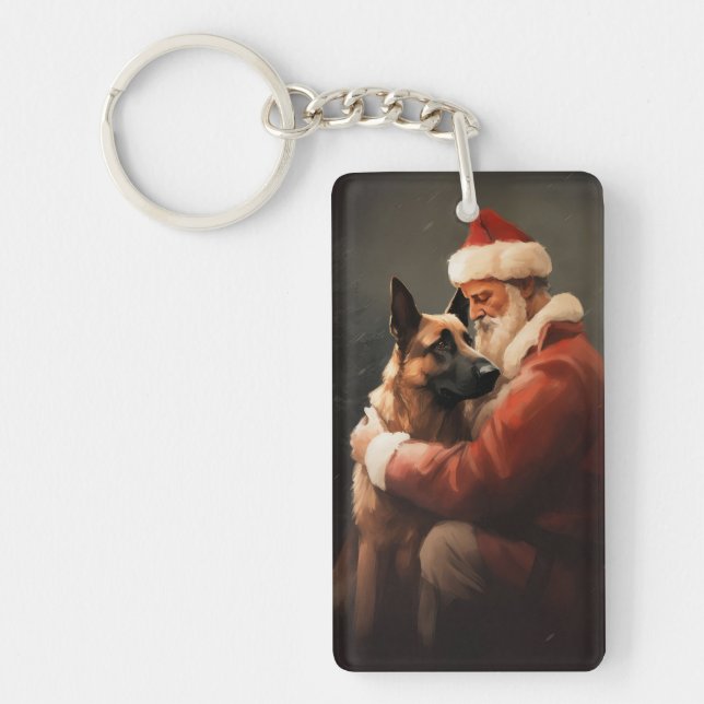 Belgian Malinoi With Santa Claus Festive Christmas Key Ring (Front)
