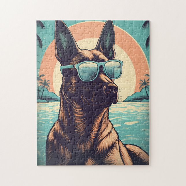Belgian Malinois at a tropical beach during sunset Jigsaw Puzzle (Vertical)