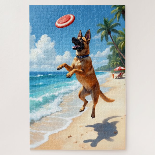 Belgian Malinois Beach Action Scene Jigsaw Puzzle (Vertical)