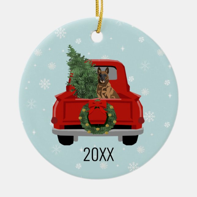 Belgian Malinois Christmas red truck Ceramic Ornament (Front)
