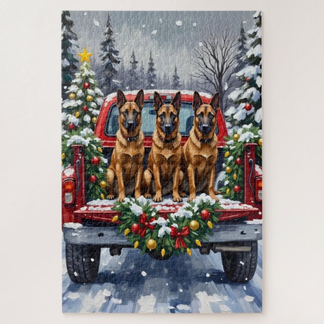 Belgian Malinois Christmas Red Truck Holiday Jigsaw Puzzle (Vertical)