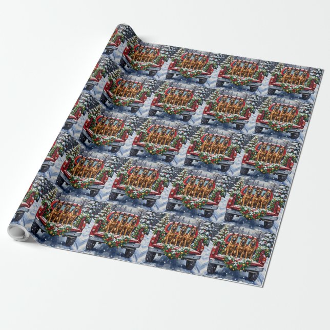 Belgian Malinois Christmas Red Truck Holiday Wrapping Paper (Unrolled)