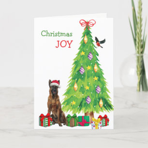 Belgian Malinois Dog, Bird and Christmas Tree Holiday Card