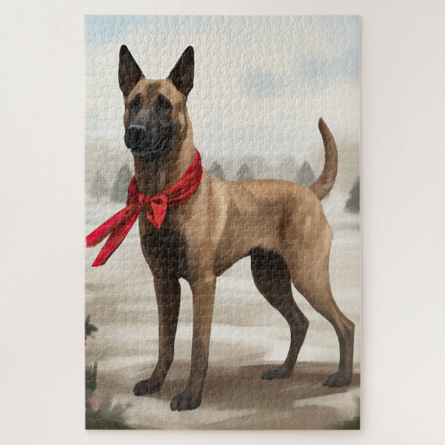 Belgian Malinois Dog in Snow Christmas Jigsaw Puzzle (Vertical)