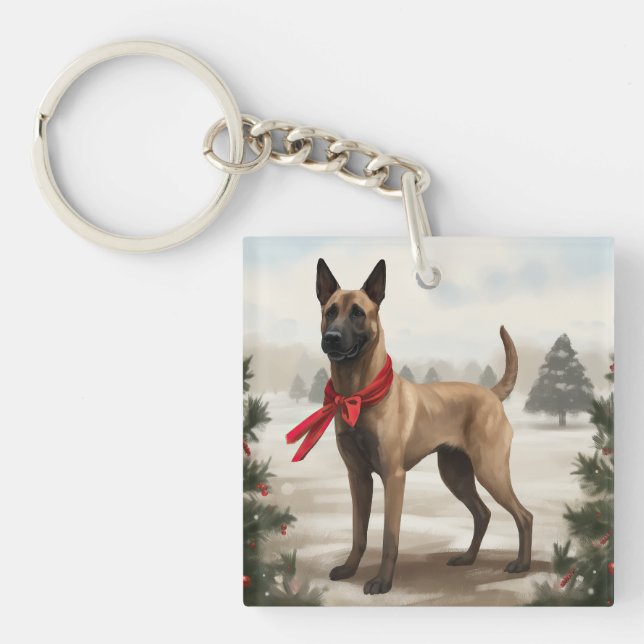 Belgian Malinois Dog in Snow Christmas Key Ring (Front)
