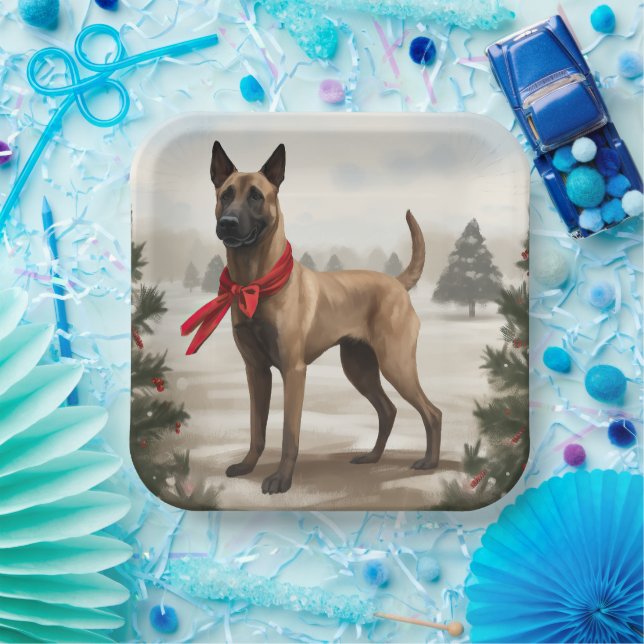 Belgian Malinois Dog in Snow Christmas Paper Plate (Party)