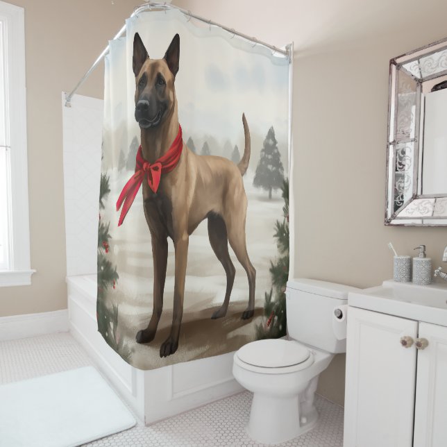 Belgian Malinois Dog in Snow Christmas Shower Curtain (In Situ)
