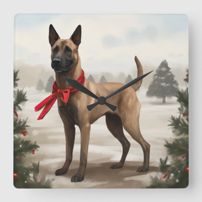 Belgian Malinois Dog in Snow Christmas Square Wall Clock (Front)
