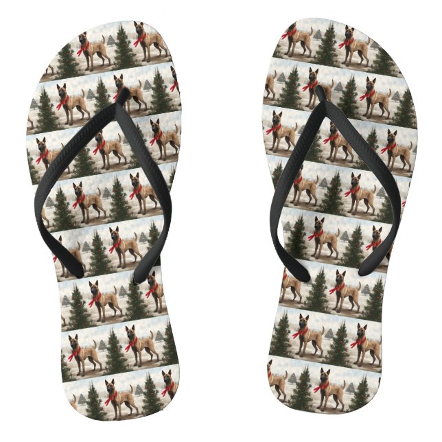 Belgian Malinois Dog in Snow Christmas Thongs (Footbed)