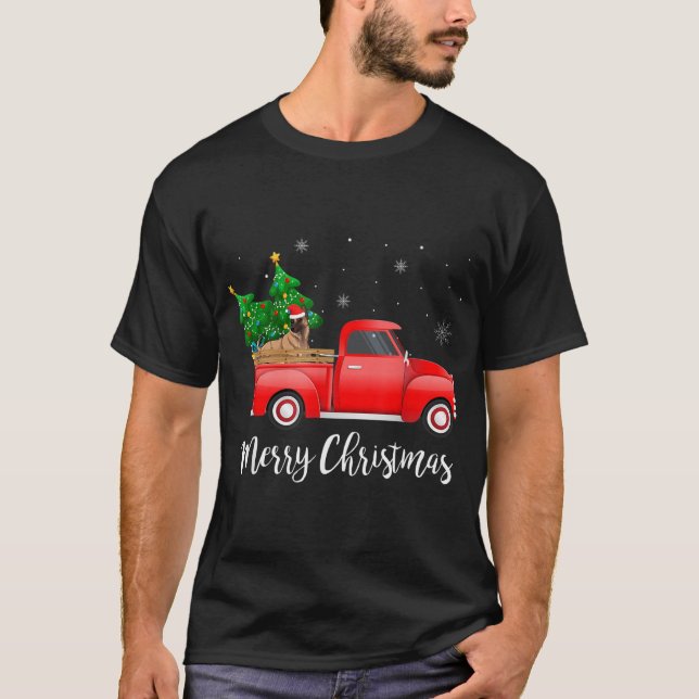 Belgian Malinois Dog Riding Red Truck Christmas T-Shirt (Front)