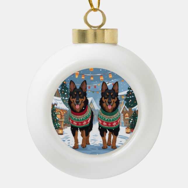 Belgian Malinois Dogs Christmas Snow Holiday  Ceramic Ball Christmas Ornament (Front)