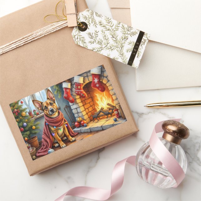 Belgian Malinois Fireplace with Christmas Lights Rectangular Sticker (Gifting)