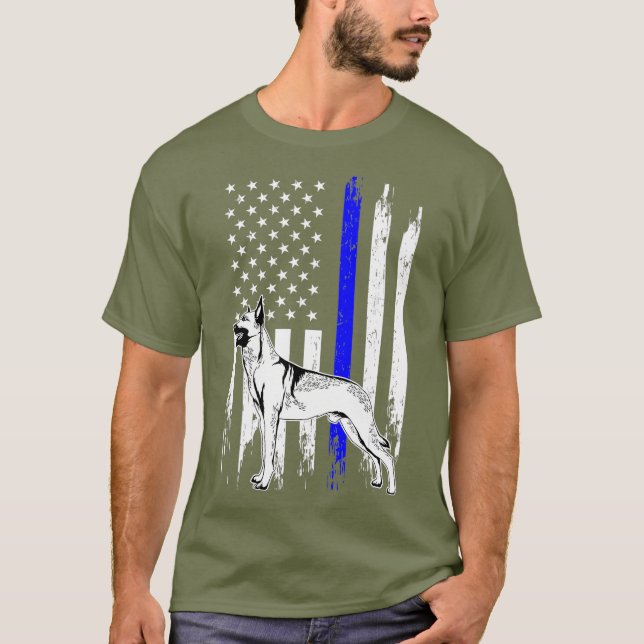 Belgian Malinois K9 Unit Thin Blue Line US Flag T-Shirt (Front)