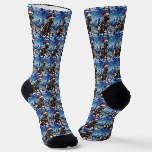 Belgian Malinois Mountain Patrol Christmas Socks (Angled)