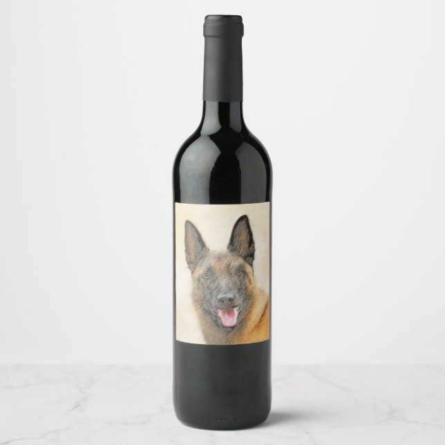 Belgian Malinois Painting - Cute Original Dog Art Wine Label (Front)