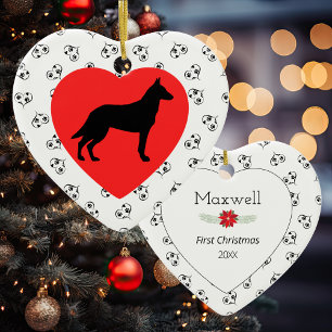 Belgian Malinois Silhouette Hearts Paw Prints Ceramic Ornament