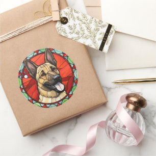 Belgian Malinois Stained Glass Christmas Classic Round Sticker