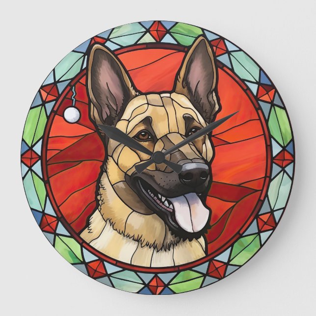 Belgian Malinois Stained Glass Christmas Large Clock (Front)